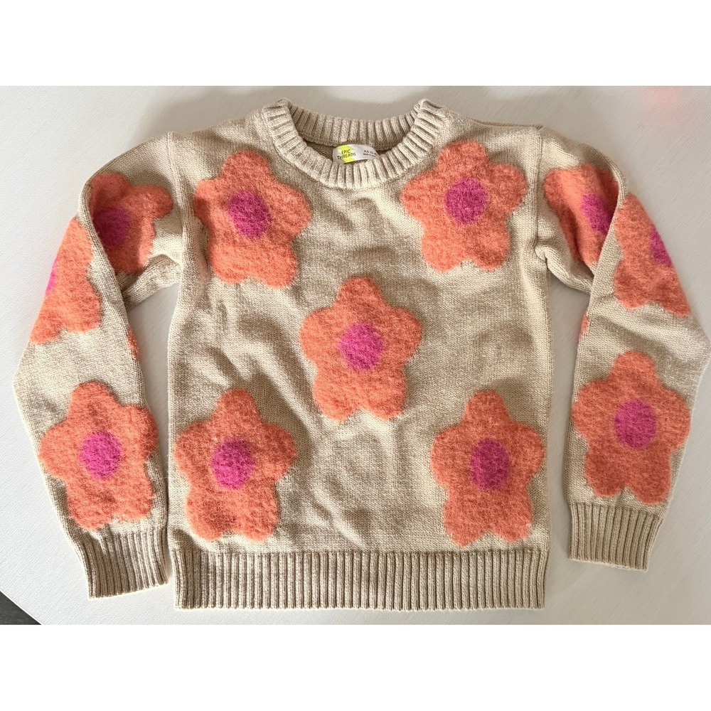 Epic Threads Girls Beige Floral Knit Sweater Fuzzy Flower Pullover XS 5-6